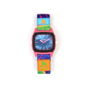 The Freestyle SHARK CLASSIC CLIP ANALOG TIE DYE NEON GREEN watch showcases a vibrant, water-resistant style.