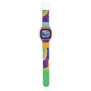 The Freestyle SHARK CLASSIC CLIP ANALOG TIE DYE NEON GREEN is a vibrant, water-resistant square-faced wristwatch with a bold, colorful design.