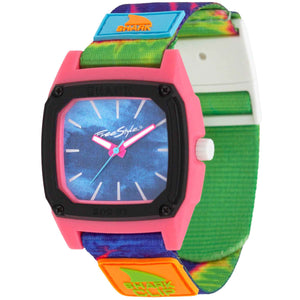 Freestyle SHARK CLASSIC CLIP ANALOG in neon green tie-dye with a pink and black face and blue dial; water resistant.