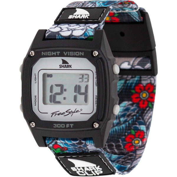 Freestyle SHARK CLASSIC CLIP D-KOI TATTOO BLACK watch with floral strap and retro rectangular face featuring digital numbers.