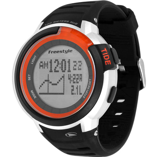 The Freestyle MARINER TIDE 600 BLACK/SILVER/ORANGE displays tide graph, tidal information, and temperature.