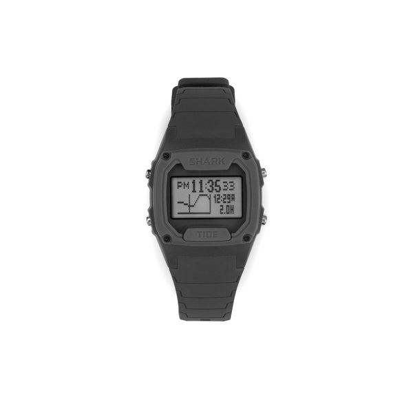 Freestyles SHARK CLASSIC TIDE 600 GRAY shows time, tide, and date on its sleek black digital face.