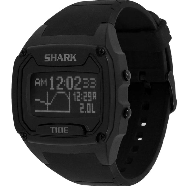 The Freestyle SHARK XL TIDE 600 BLACK displays information about the current moment, calendar details, and tide heights.