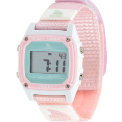The Freestyle SHARK CLASSIC LEASH BASHFUL watch in pastel pink and white displays numbers on its wide fabric strap.