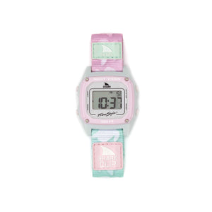 Freestyle SHARK CLASSIC CLIP TWO TONE TURTLE digital watch with pastel pink and mint green strap, screen showing numbers.
