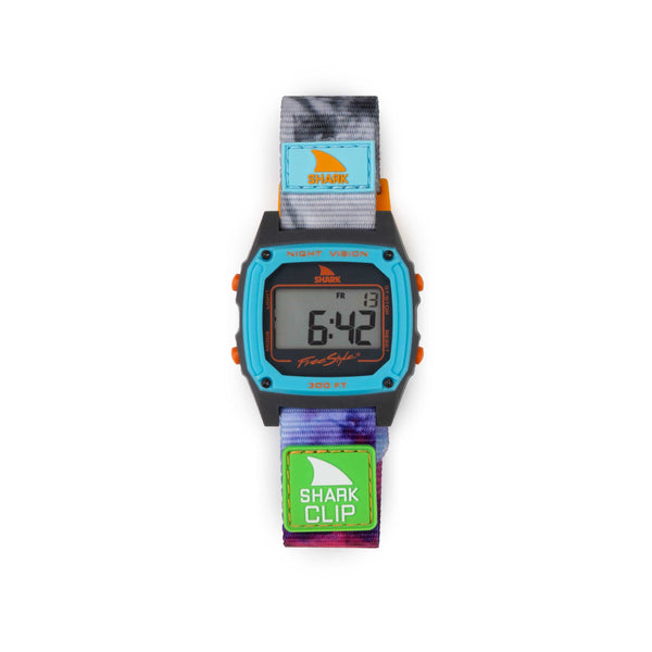 Retro-futurism shines in Freestyle’s SHARK CLASSIC CLIP TIE DYE MAGENTA BLUE watch, featuring a blue face and multicolor band.