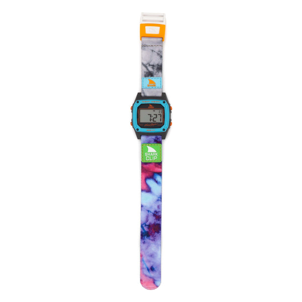 Freestyle SHARK CLASSIC CLIP TIE DYE MAGENTA BLUE: a retro digital watch featuring a vibrant tie-dye band.