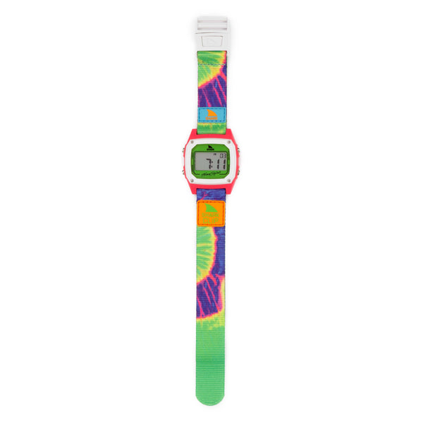 Freestyles SHARK CLASSIC CLIP watch featuring a tie-dye neon strap and a retro-futurism inspired rectangular display.