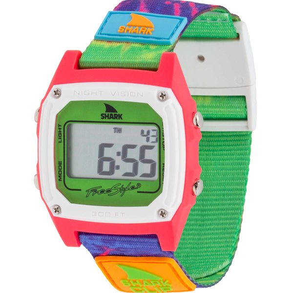 Retro-futurism vibes with Freestyles SHARK CLASSIC CLIP TIE DYE GREEN NEON watch, featuring a red frame and multicolored strap.