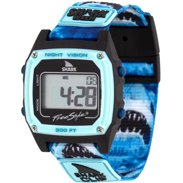 Freestyle SHARK CLASSIC CLIP SHARK WEEK MEGA BREACH with blue shark-patterned band and SHARK WEEK label shown on the display.