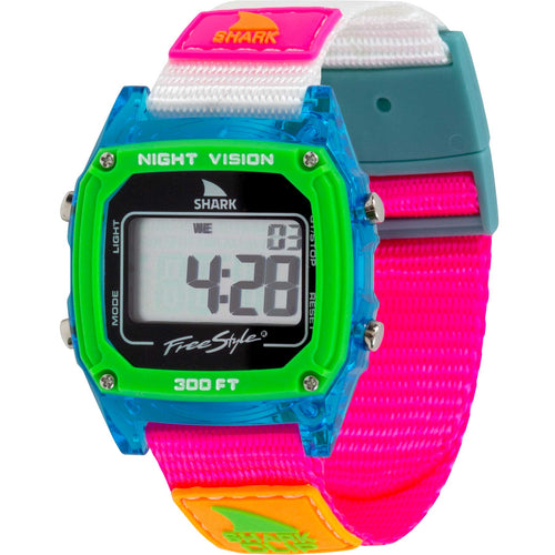 Freestyle SHARK CLASSIC CLIP BLACK NEON 3.0 digital watch with vibrant neon Shark Clip band, displaying digital numbers on the screen.