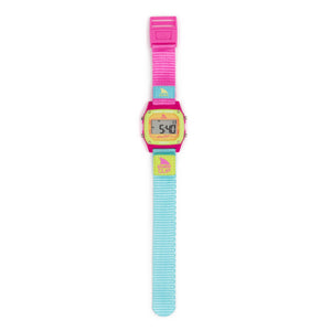 Freestyle SHARK CLASSIC CLIP POPSICLE: pink & blue strap, yellow face, digital display features numbers.