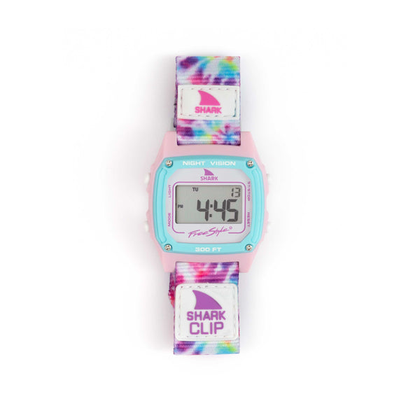 Freestyle’s SHARK CLASSIC CLIP SNOW CONE watch with a pink face, teal accents, and a tie-dye strap showing 4:49.
