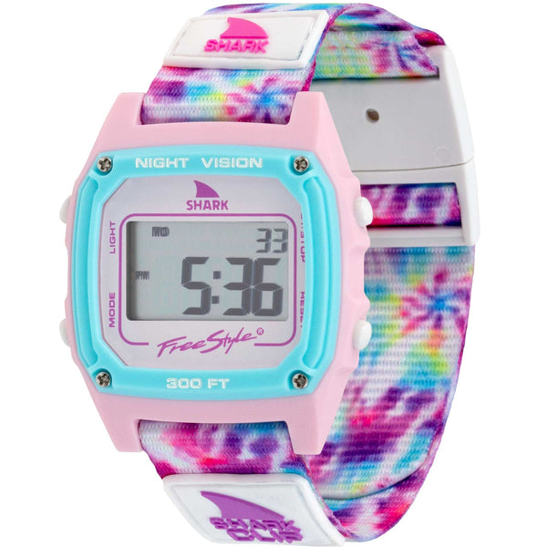 Freestyle SHARK CLASSIC CLIP SNOW CONE watch with a tie-dye strap and a pink face displaying the time 5:36.