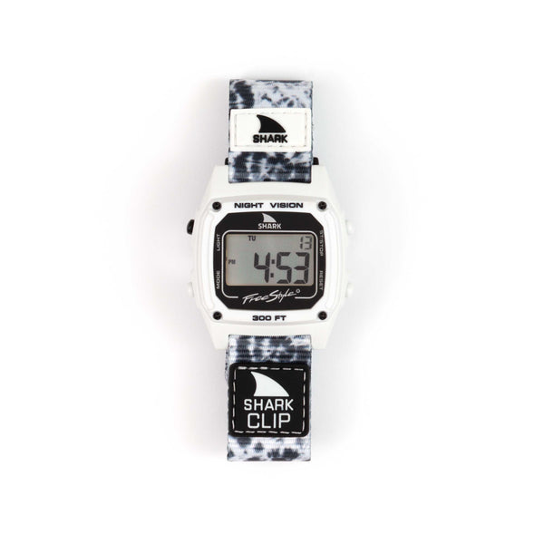 Freestyle SHARK CLASSIC CLIP BULLSEYE digital watch featuring a black & white strap, retro design, displayed on a white background.