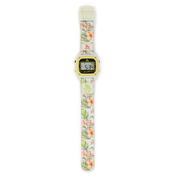 Freestyle SHARK CLASSIC CLIP PLUMERIA digital watch with a floral and cactus band, screen displays numbers.