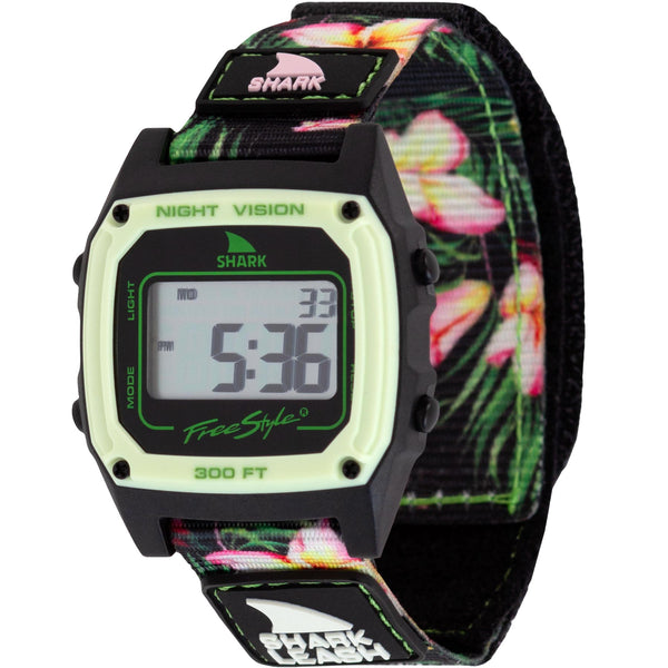Freestyles SHARK CLASSIC LEASH in PLUMERIA MINT displays the time 5:36, features night vision, and is water-resistant up to 300 feet.