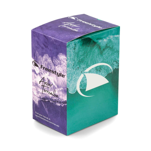 Box featuring a purple and green design with the Freestyle logo, Amber Torrealba text, and a limited lifetime warranty.