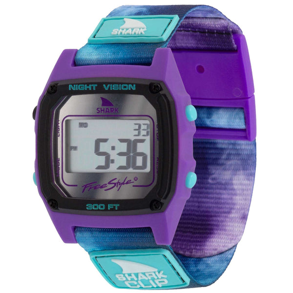 Freestyles Amber Torrealba Shark Classic Clip Reflection: Purple and blue digital watch with Night Vision, water-resistant up to 300 feet, ideal for adventurers.