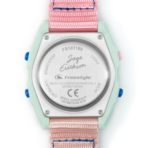 Back of a Freestyle SAGE ERICKSON SIGNATURE SHARK CLASSIC CLIP BLUE SAGE PINK featuring engraved service instructions.