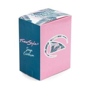 Freestyle SAGE ERICKSON SIGNATURE SHARK CLASSIC CLIP in blue sage pink, featuring a tropical leaf pattern and Sage’s name.