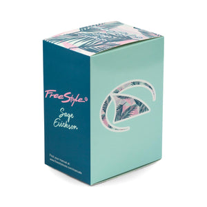A Freestyle SAGE ERICKSON SIGNATURE SHARK CLASSIC CLIP box in teal with palm leaves and Sage’s signature along one side.