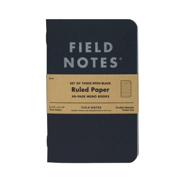A set of three Freestyle USA PITCH BLACK MEMO BOOKS with ruled paper, 48 pages each, and a brown band around them.