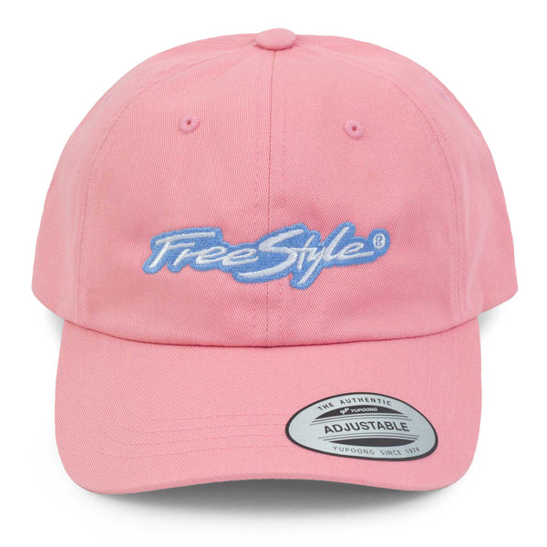 The Freestyle Dad Unstructured Hat Pink features 100% cotton material, blue and white embroidery, and an adjustable brim sticker.