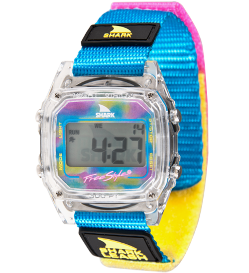 Freestyle Shark Classic with Leash Strap Kit in CYAN/YELLOW, featuring a clear face with rainbow accents and an illuminated digital display.