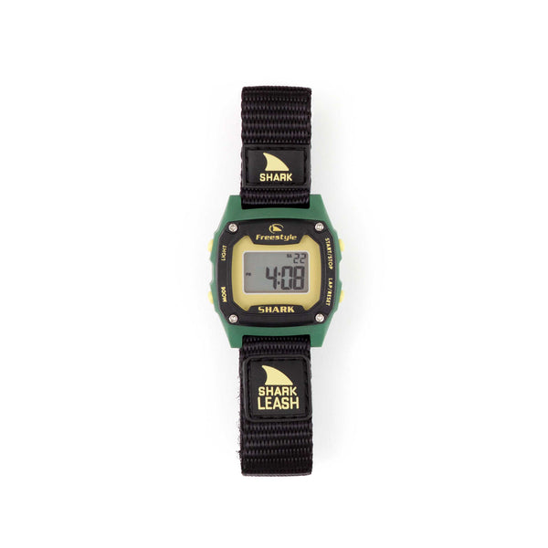 Digital watch by Freestyle: SHARK MINI LEASH RANGER with a green bezel, black strap, showing 4:00.