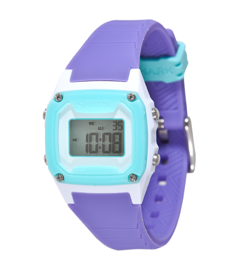 The Freestyle Shark Mini - Keeper in turquoise features a blue and white face with bold numerals.