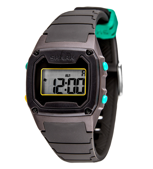 Freestyle Shark Classic Strap Kit in black/teal with buckle and SHARK branding, shown displaying 12:00.