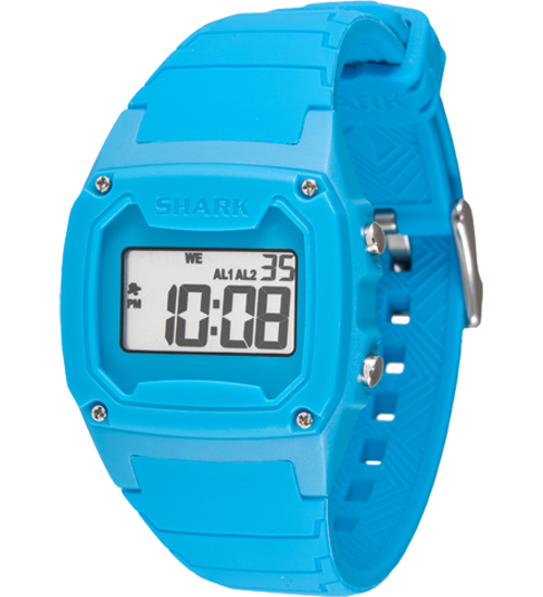 The Freestyle Shark Classic - Keeper in cyan silicone shows a digital display and features side buttons and strap keepers.