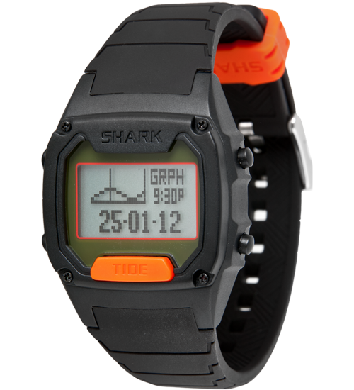 Freestyles Shark Classic with a black/orange silicone strap shows tide graph and time.
