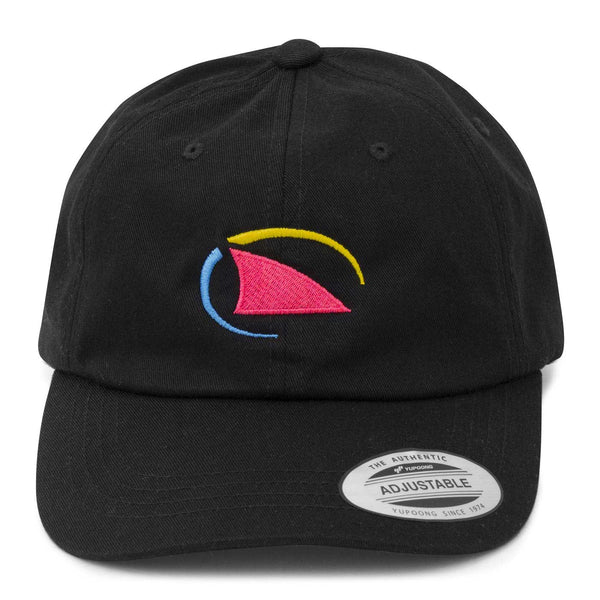 Front view of the black Freestyle Dad Cap featuring the embroidered neon shark fin logo in pink, yellow, and blue on the front, with a curved brim and adjustable fit.