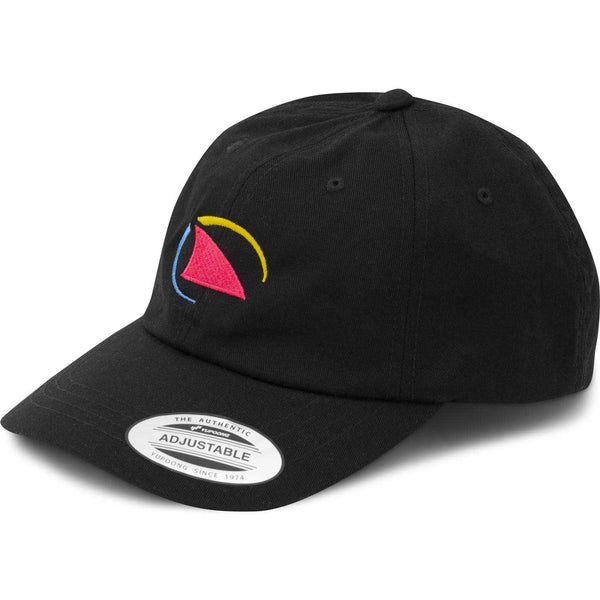 Black cotton Freestyle Dad Cap featuring a colorful embroidered shark fin logo in neon pink, yellow, and blue on the front, with an adjustable metal buckle strap.