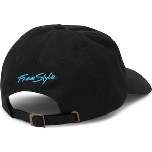 Back view of the black Freestyle Dad Cap showing the light blue embroidered Freestyle logo and adjustable metal buckle strap.