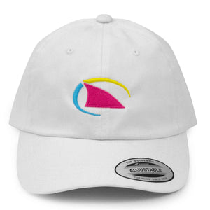Front view of the white Freestyle Dad Cap featuring the embroidered neon shark fin logo in pink, yellow, and blue on the front, with a curved brim and adjustable fit.