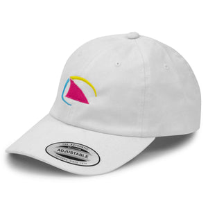 White cotton Freestyle Dad Cap featuring a colorful embroidered shark fin logo in neon pink, yellow, and blue on the front, with an adjustable metal buckle strap.