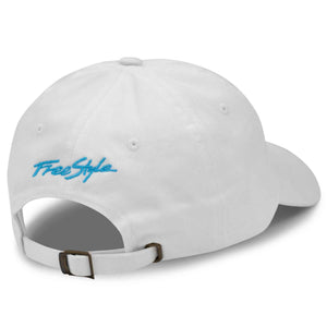 Back view of the white Freestyle Dad Cap showing the light blue embroidered Freestyle logo and adjustable metal buckle strap.