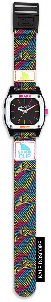 Shark watch with colorful geometric strap and black face