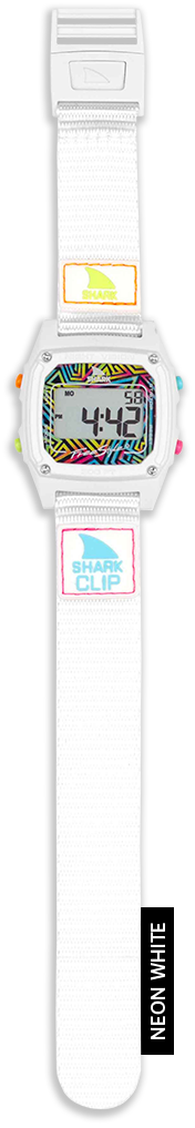 Freestyle Shark Classic Clip watch in Mega White with colorful accents and digital display.