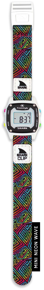 Shark digital watch with colorful patterned strap.