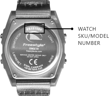 Back of a Freestyle watch showing SKU/model number FS101085 and text including 'Freestyle SINCE '81', 'SERVICE CENTER REPAIR ONLY DO NOT OPEN', 'STEEL CASEBACK 100 METERS H2O', and control labels 'START/STOP', 'LIGHT', 'LAP/RESET', 'MODE'.
